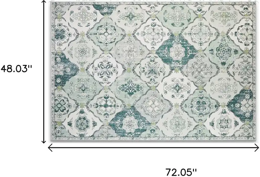 White Teal And Sage Quatrefoil Distressed Area Rug Photo 3