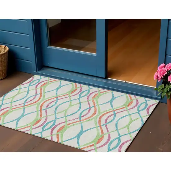 White Teal Blue And Lime Green Abstract Washable Indoor Outdoor Area Rug Photo 1