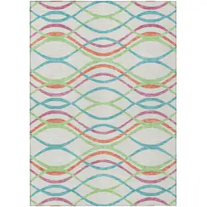 Photo of White Teal Blue And Lime Green Abstract Washable Indoor Outdoor Area Rug