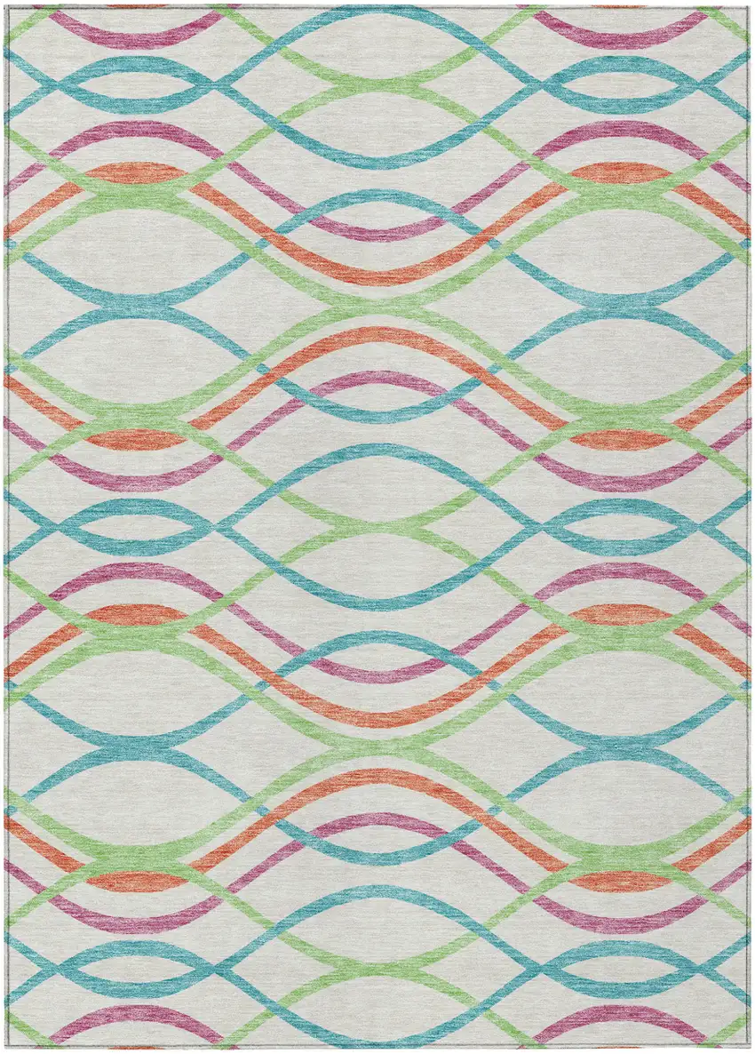 White Teal Blue And Lime Green Abstract Washable Indoor Outdoor Area Rug Photo 1