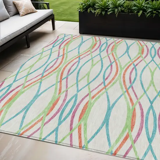 White Teal Blue And Lime Green Abstract Washable Indoor Outdoor Area Rug Photo 1