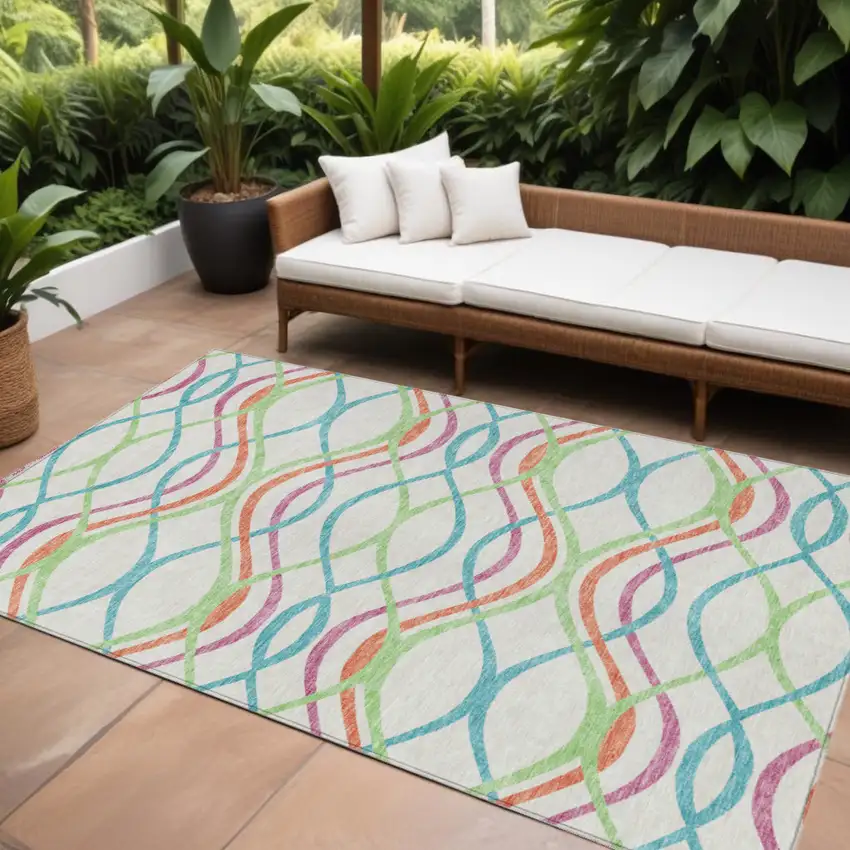 White Teal Blue And Lime Green Abstract Washable Indoor Outdoor Area Rug Photo 1