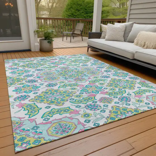 White Teal Blue And Pink Medallion Washable Indoor Outdoor Area Rug Photo 8