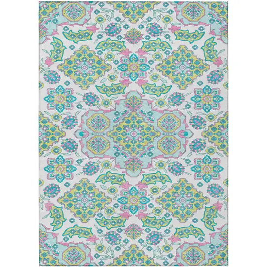 White Teal Blue And Pink Medallion Washable Indoor Outdoor Area Rug Photo 1