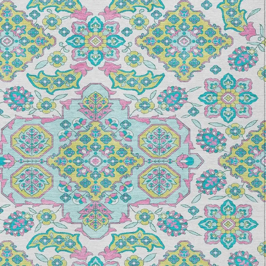White Teal Blue And Pink Medallion Washable Indoor Outdoor Area Rug Photo 4