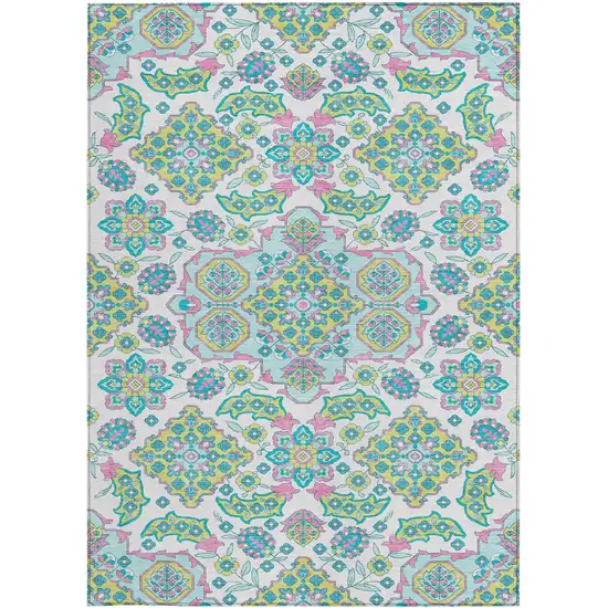 White Teal Blue And Pink Medallion Washable Indoor Outdoor Area Rug Photo 3