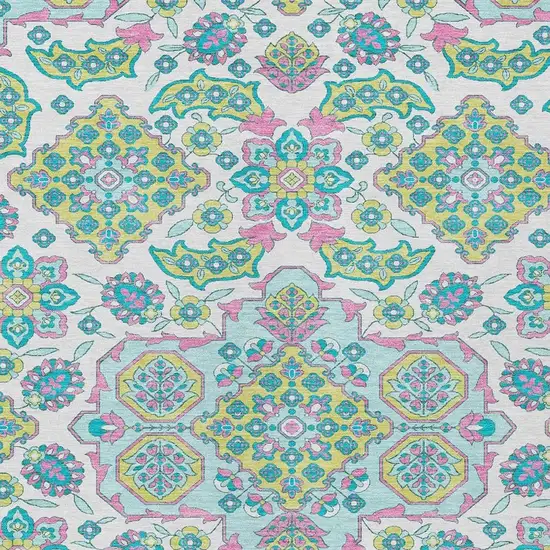 White Teal Blue And Pink Medallion Washable Indoor Outdoor Area Rug Photo 4