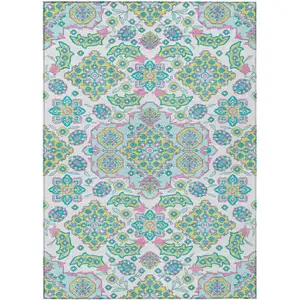 Photo of White Teal Blue And Pink Medallion Washable Indoor Outdoor Area Rug