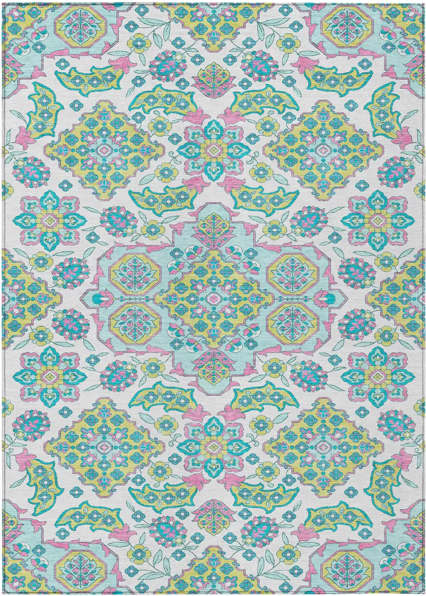 White Teal Blue And Pink Medallion Washable Indoor Outdoor Area Rug Photo 1