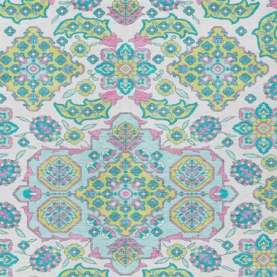 White Teal Blue And Pink Medallion Washable Indoor Outdoor Area Rug Photo 4