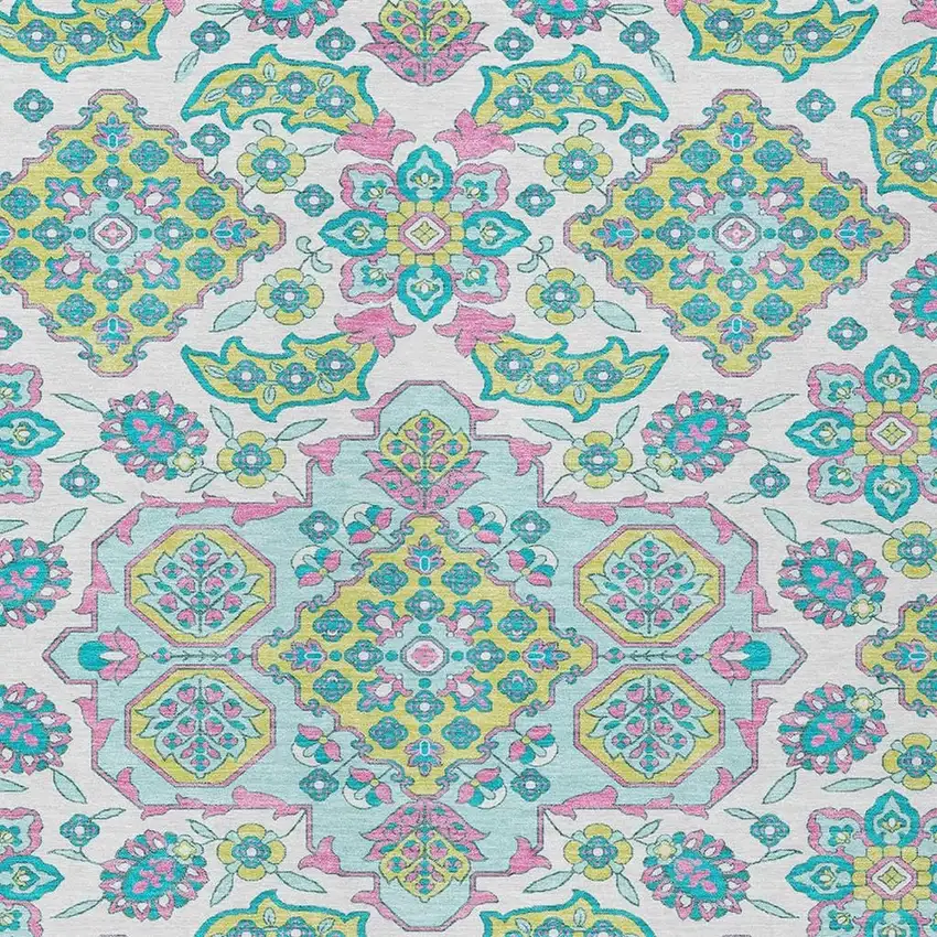 White Teal Blue And Pink Medallion Washable Indoor Outdoor Area Rug Photo 4