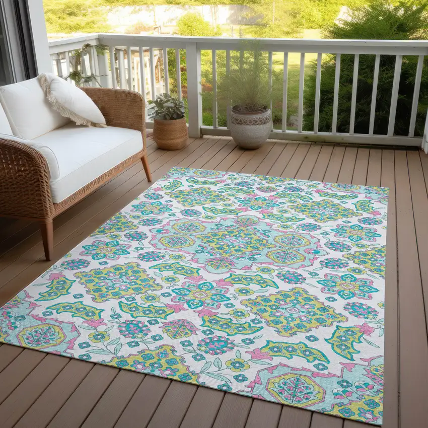 White Teal Blue And Pink Medallion Washable Indoor Outdoor Area Rug Photo 5