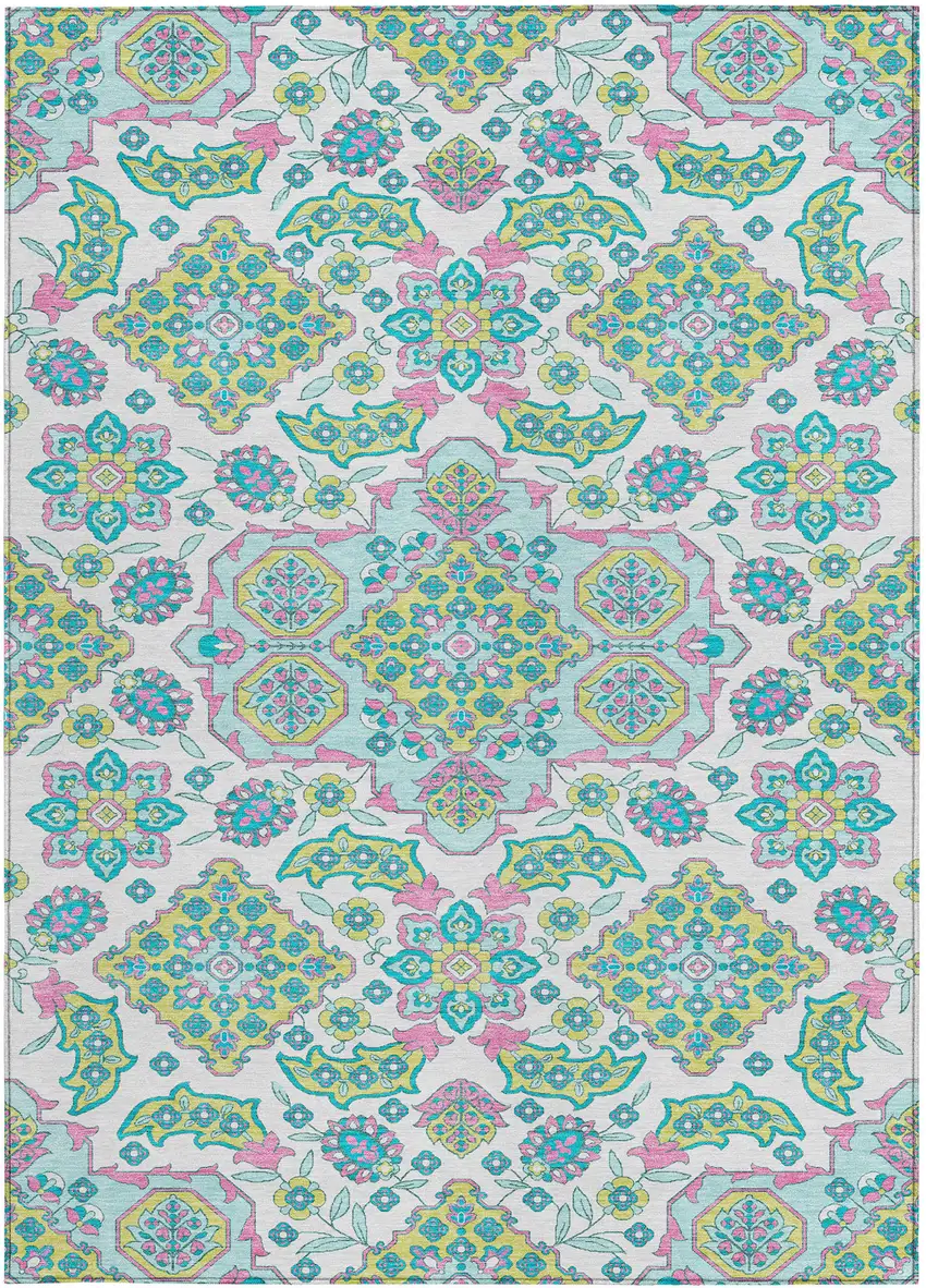 White Teal Blue And Pink Medallion Washable Indoor Outdoor Area Rug Photo 3