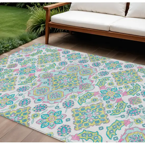White Teal Blue And Pink Medallion Washable Indoor Outdoor Area Rug Photo 2
