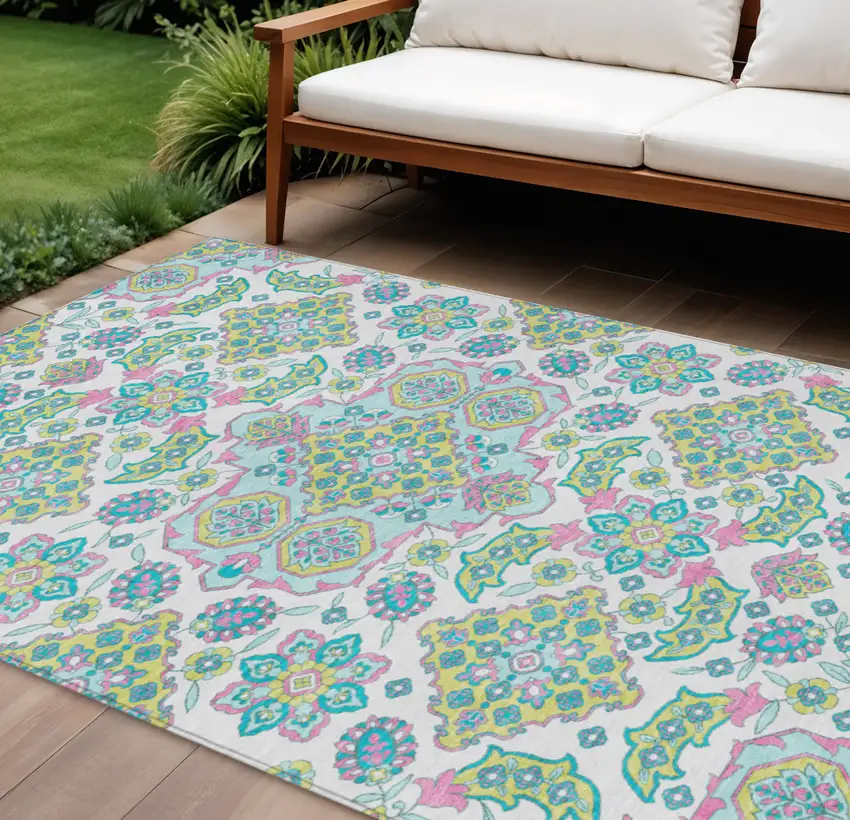 White Teal Blue And Pink Medallion Washable Indoor Outdoor Area Rug Photo 2