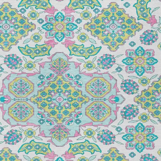 White Teal Blue And Pink Medallion Washable Indoor Outdoor Area Rug Photo 4