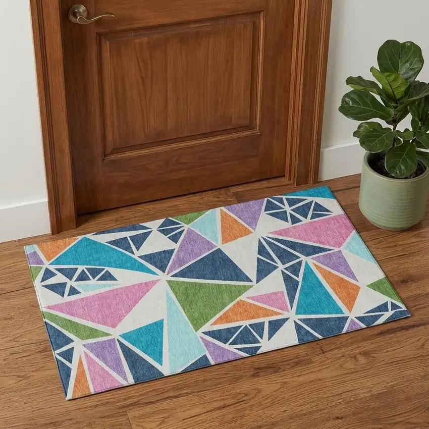 White Teal Pink And Orange Geometric Washable Area Rug With UV Protection Photo 1