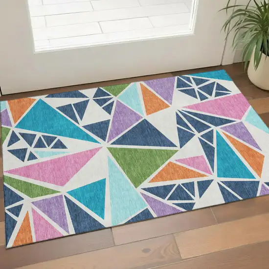 White Teal Pink And Orange Geometric Washable Area Rug With UV Protection Photo 1