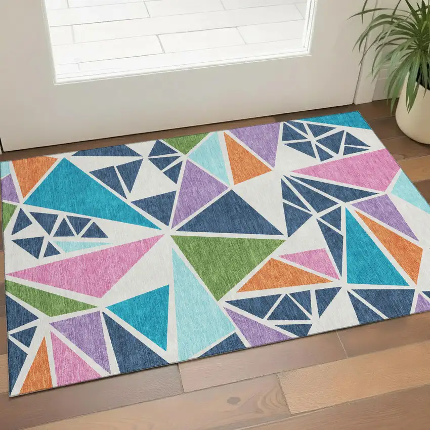 White Teal Pink And Orange Geometric Washable Area Rug With UV Protection Photo 1