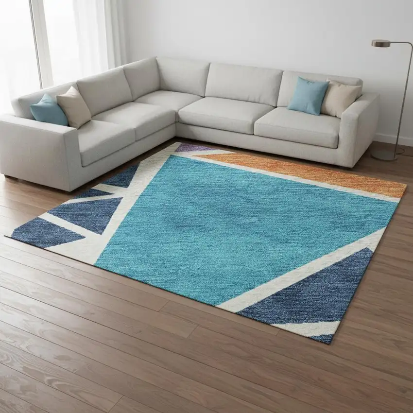 White Teal Pink And Orange Geometric Washable Area Rug With UV Protection Photo 2