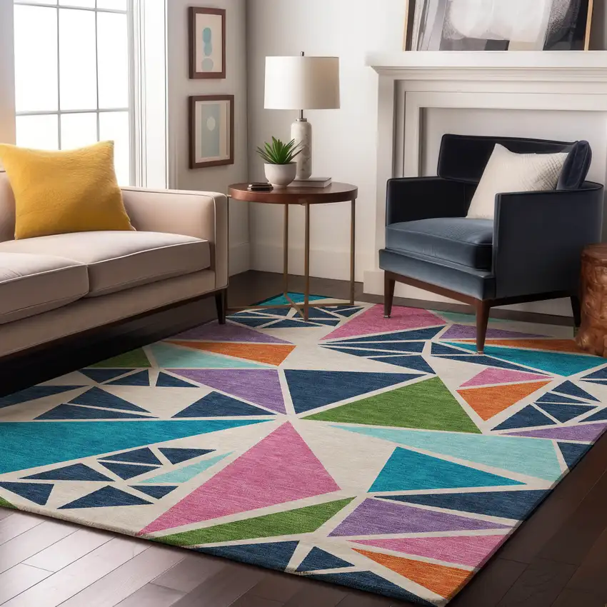White Teal Pink And Orange Geometric Washable Area Rug With UV Protection Photo 3