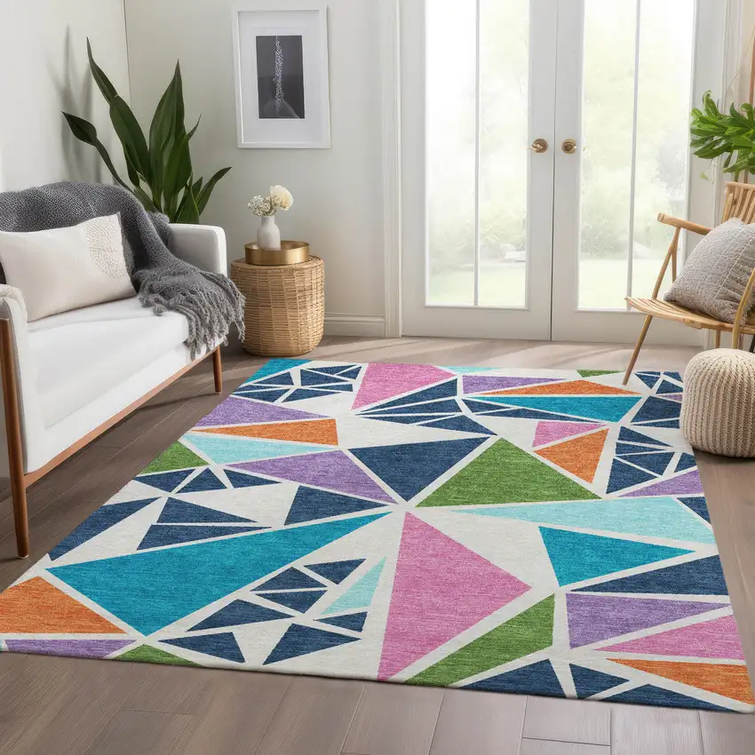 White Teal Pink And Orange Geometric Washable Area Rug With UV Protection Photo 4
