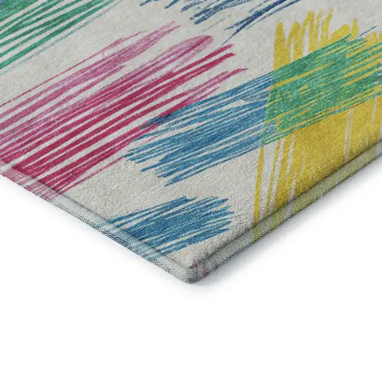 White Yellow And Pink Striped Washable Area Rug With UV Protection Photo 7
