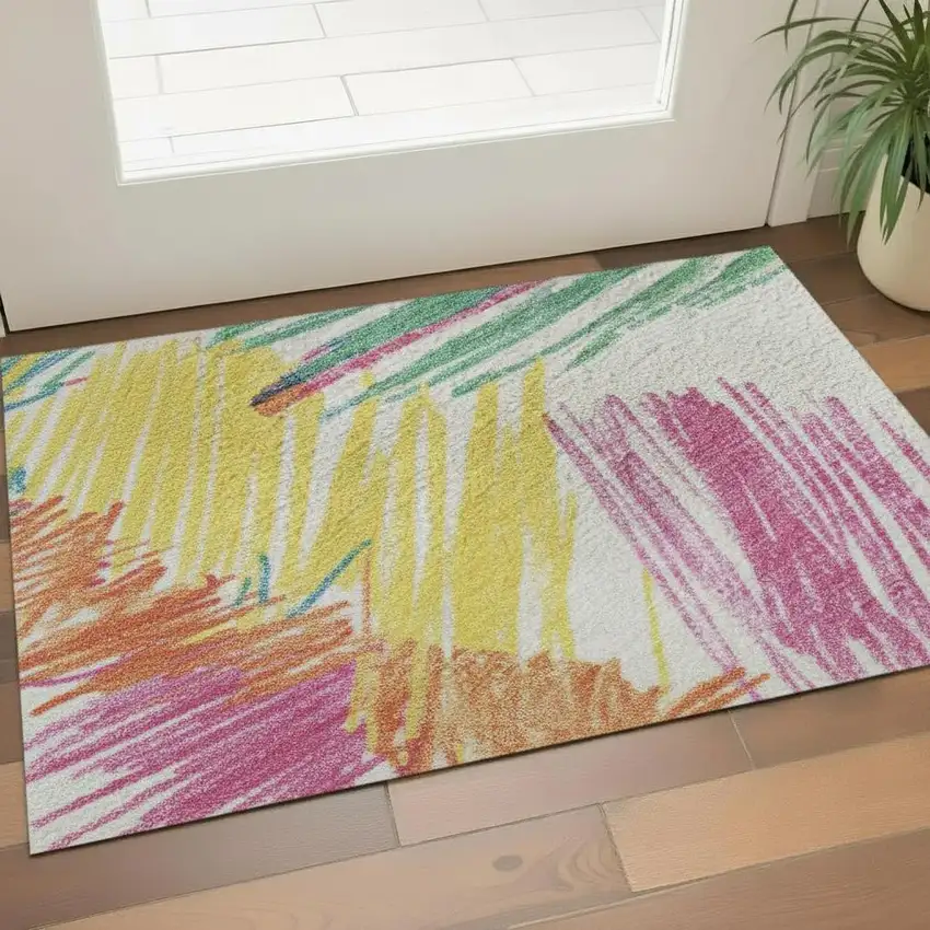 White Yellow And Pink Striped Washable Area Rug With UV Protection Photo 2