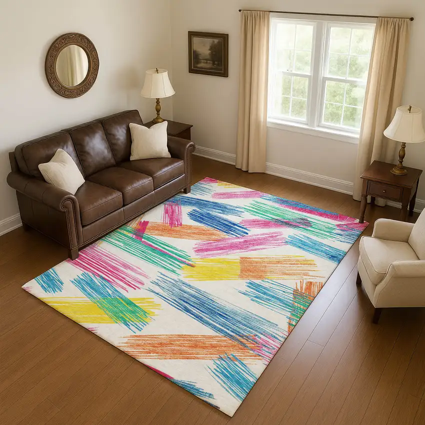 White Yellow And Pink Striped Washable Area Rug With UV Protection Photo 3