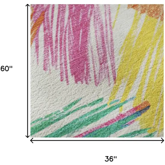 White Yellow And Pink Striped Washable Area Rug With UV Protection Photo 9