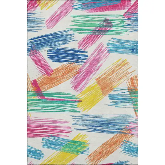 White Yellow And Pink Striped Washable Area Rug With UV Protection Photo 5
