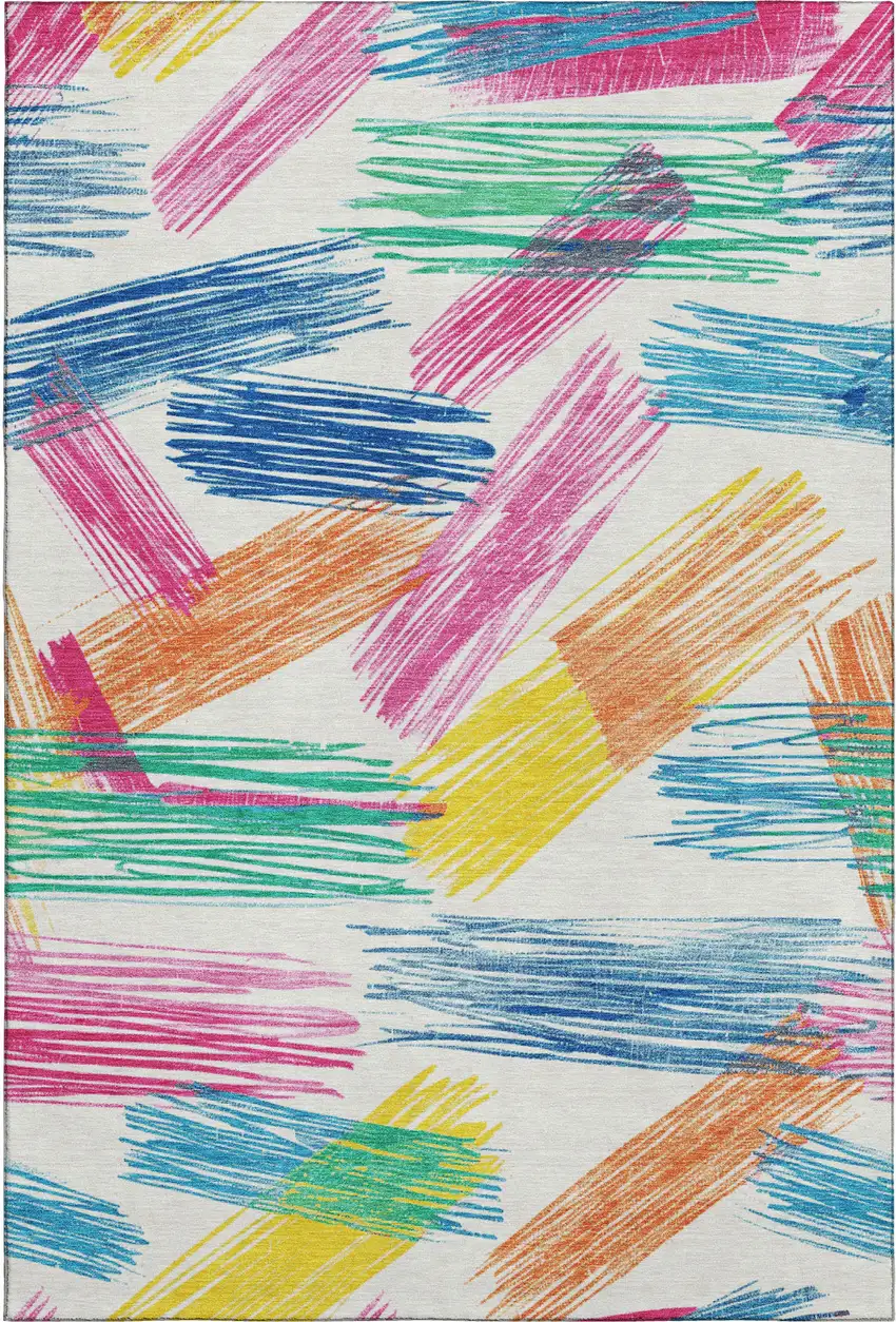 White Yellow And Pink Striped Washable Area Rug With UV Protection Photo 5