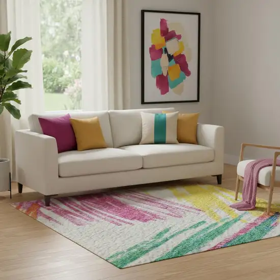 White Yellow And Pink Striped Washable Area Rug With UV Protection Photo 2