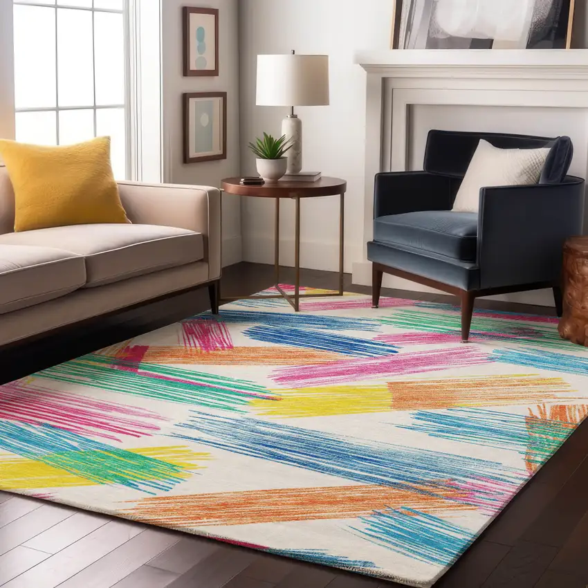 White Yellow And Pink Striped Washable Area Rug With UV Protection Photo 6