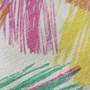 Photo of White Yellow And Pink Striped Washable Area Rug With UV Protection