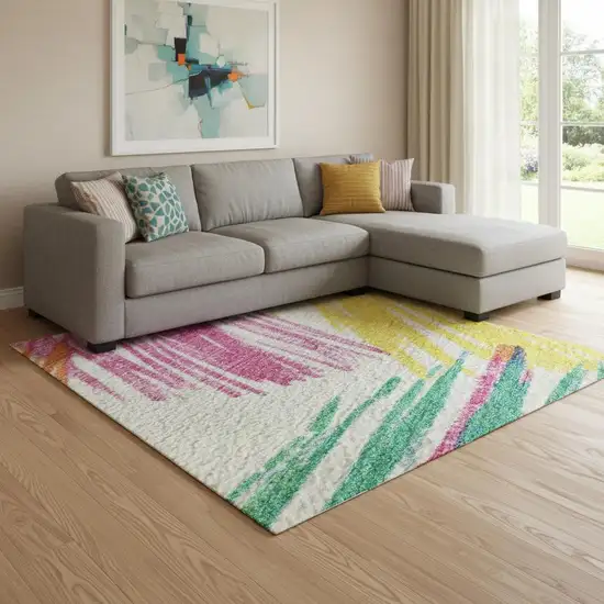 White Yellow And Pink Striped Washable Area Rug With UV Protection Photo 2