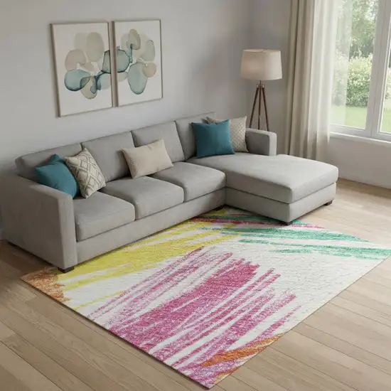 White Yellow And Pink Striped Washable Area Rug With UV Protection Photo 2