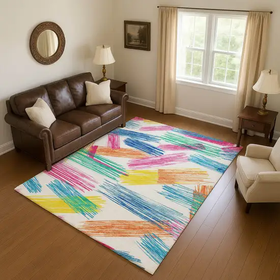 White Yellow And Pink Striped Washable Area Rug With UV Protection Photo 4