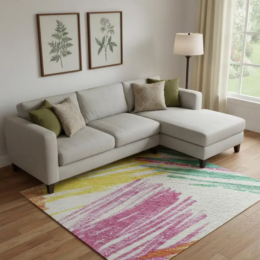 White Yellow And Pink Striped Washable Area Rug With UV Protection Photo 2