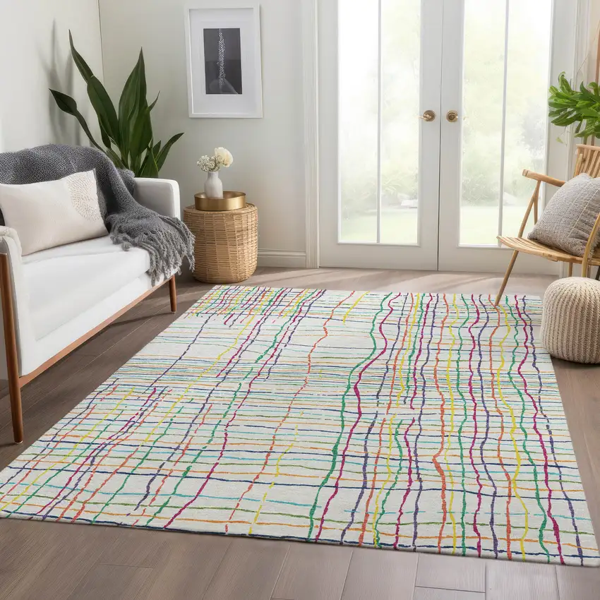 White Yellow Green And Pink Striped Washable Area Rug With UV Protection Photo 5