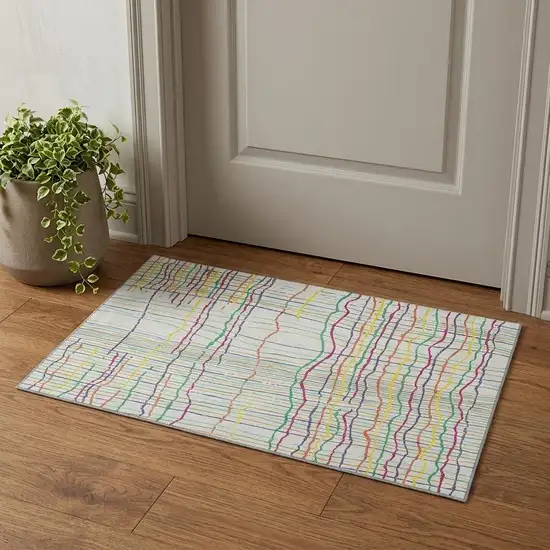 White Yellow Green And Pink Striped Washable Area Rug With UV Protection Photo 1