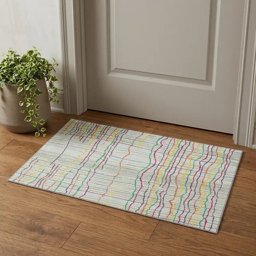 White Yellow Green And Pink Striped Washable Area Rug With UV Protection Photo 1