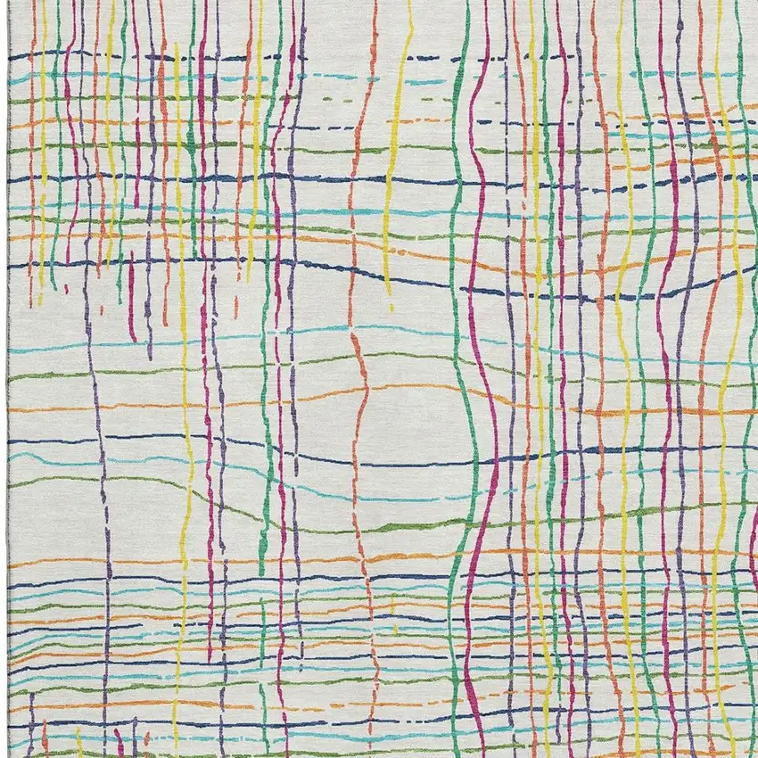 White Yellow Green And Pink Striped Washable Area Rug With UV Protection Photo 2