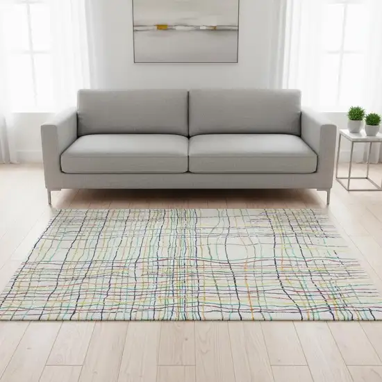 White Yellow Green And Pink Striped Washable Area Rug With UV Protection Photo 2