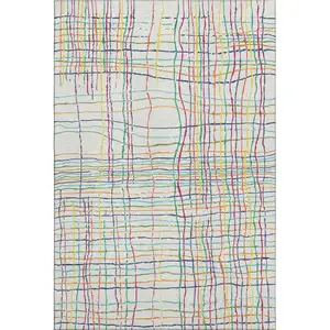 Photo of White Yellow Green And Pink Striped Washable Area Rug With UV Protection