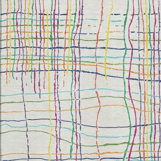 White Yellow Green And Pink Striped Washable Area Rug With UV Protection Photo 2