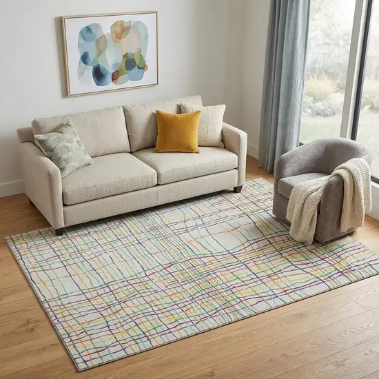 White Yellow Green And Pink Striped Washable Area Rug With UV Protection Photo 1