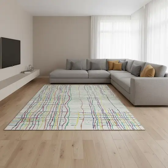 White Yellow Green And Pink Striped Washable Area Rug With UV Protection Photo 2