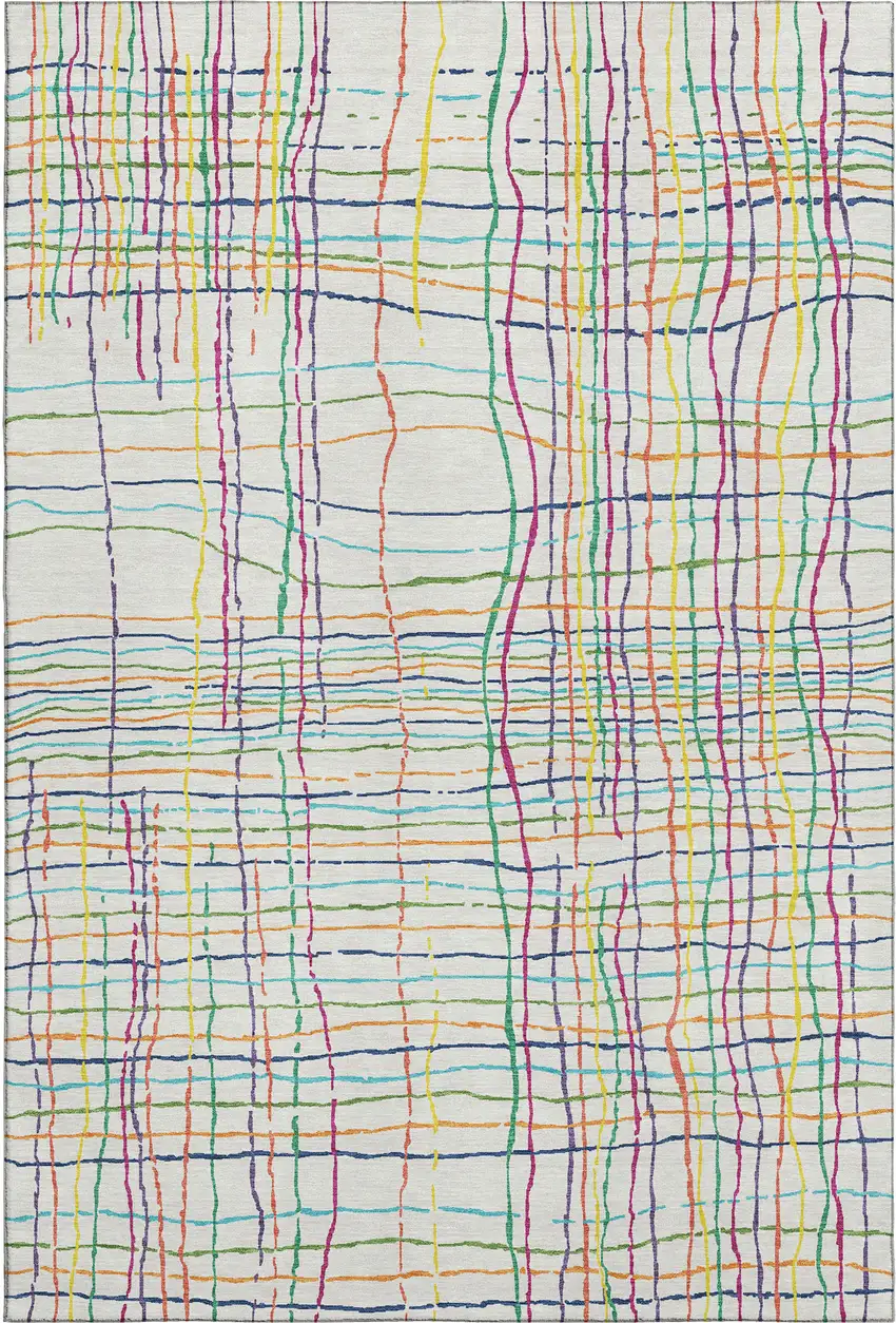 White Yellow Green And Pink Striped Washable Area Rug With UV Protection Photo 2