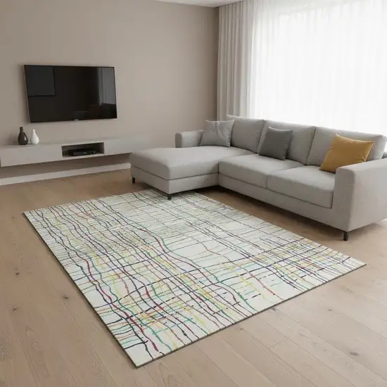 White Yellow Green And Pink Striped Washable Area Rug With UV Protection Photo 2